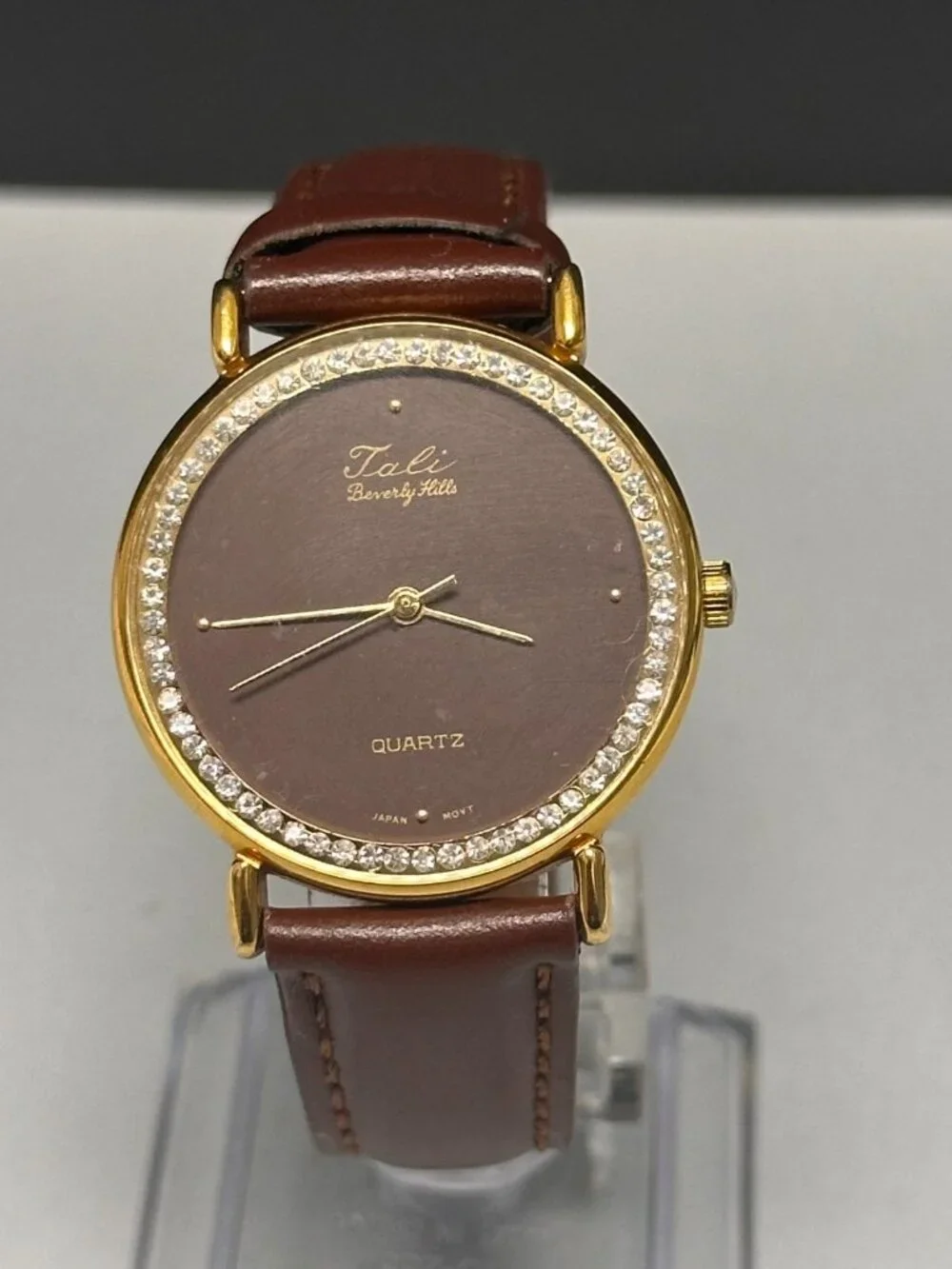 VTG. Tali Bevelry Hills Watch Women Gold Tone Brown Dial Leather Band 9